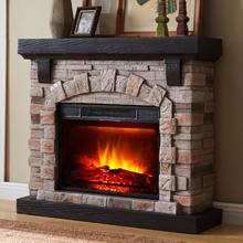 Faux Stone Fireplace with Wood Mantel