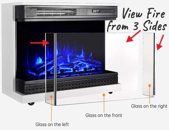 Portable Electric Fireplace with Glass on 3 Sides