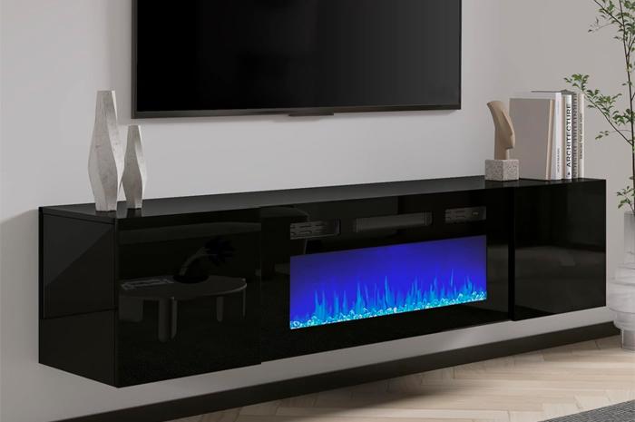 Amerlife Modern Black Floating TV Stand with Electric Fireplace