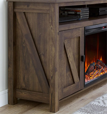 Close up of Faux Wood Grain Finish on Barnwood Electric Fireplace TV Console Unit