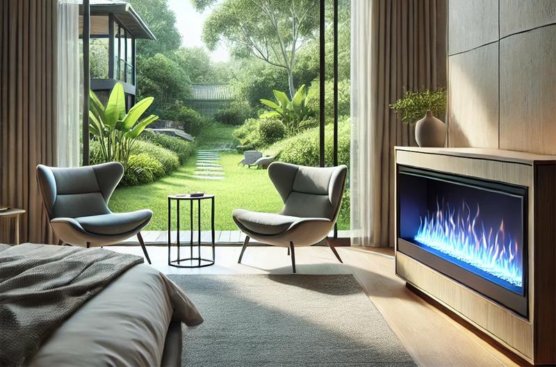 Electric Fireplace in Bedroom with 2 Chairs