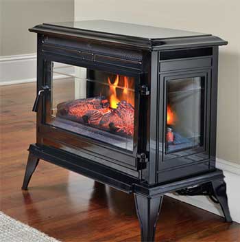 Black Electric Wood Burning Stove that Has Clear Glass Windows on 3 Sides for Optimal Flame Viewing