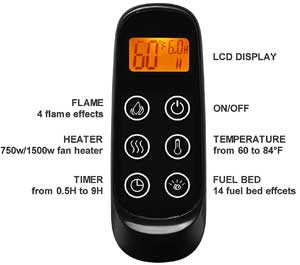 Color-Changing Electric Fireplace Remote Control for Flame, Heat, Temperature, Time and Ember Bed Color