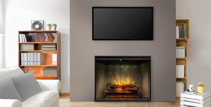 Dimplex Revillusion Electric faux Hearth in Living Room Underneath Flat Screen TV