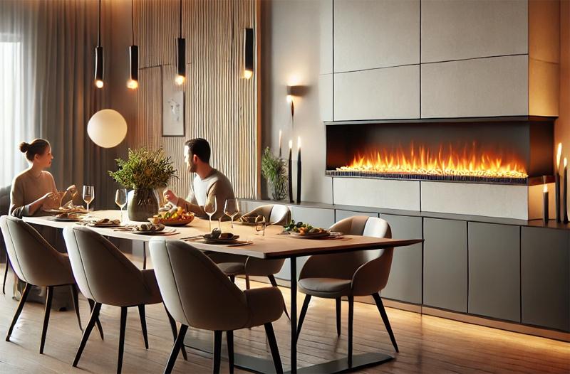 Fireplace Mounted on Wall in Dining Room