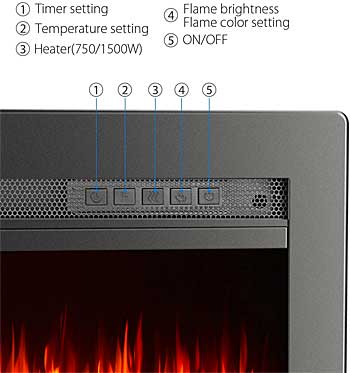 Electric Fireplace Controls: Temperature, Heat, Flame Color, Timer