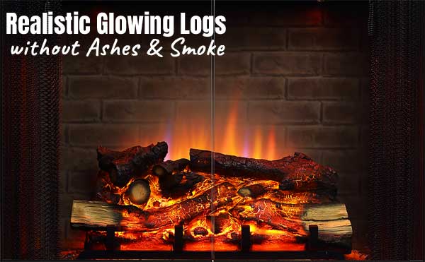 Electric Fireplace Log Set with Glowing Logs, Embers & Brick Backdrop