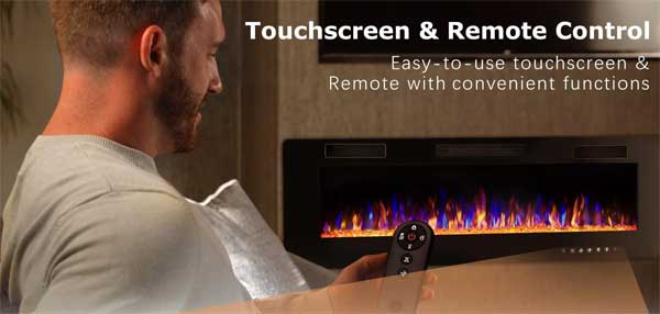 Electric Fireplace Touch Screen and Remote Control for Flame Colors, Heat, Timer and more