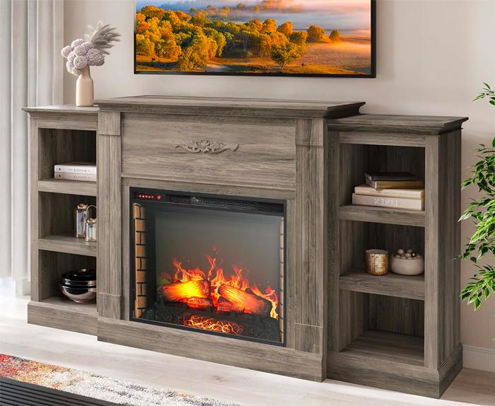 Freestanding Plug-in Farmhouse Bookcase Fireplace with Weathered Wood Finish, Thermostat and Remote Control
