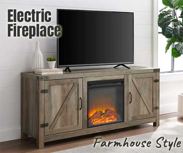 Farmhouse Electric Fireplace with Barn Door Cabinets and TV Stand