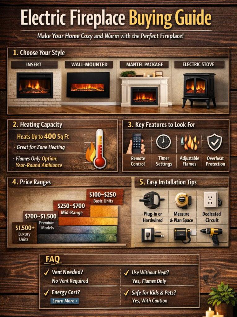 Infographic: Buying Guide for Electric Fireplaces: Features, Costs, Heating Capacity and more