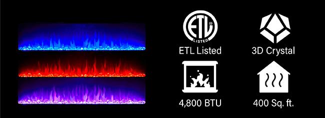 Electric Fireplace Functions: Changing Flame Color, Heating Capacity, Certifications, Crystal Ember bEd