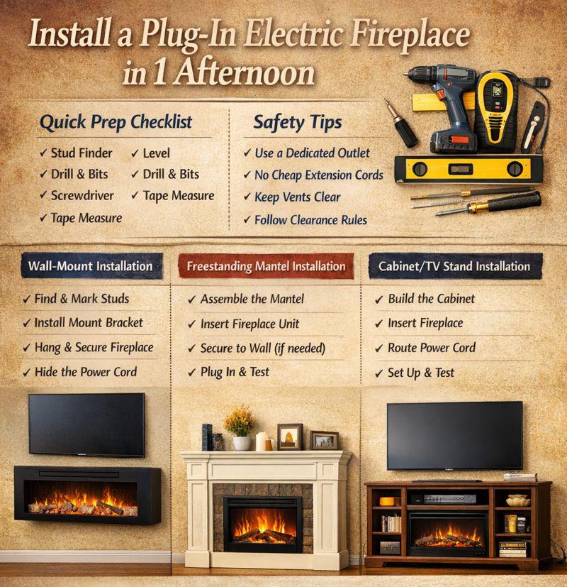 Infographic on How to Install a Plug-in Electric Fireplace in an Afternoon