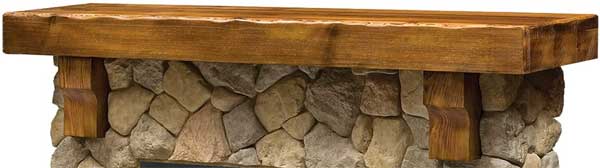 Hand Hewn Pine Mantel on Stone Electric Fireplace
