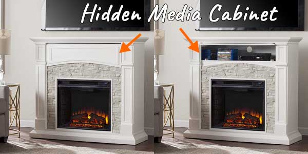 Hidden Media Cabinet Built-in to Electric Fireplace Mantel