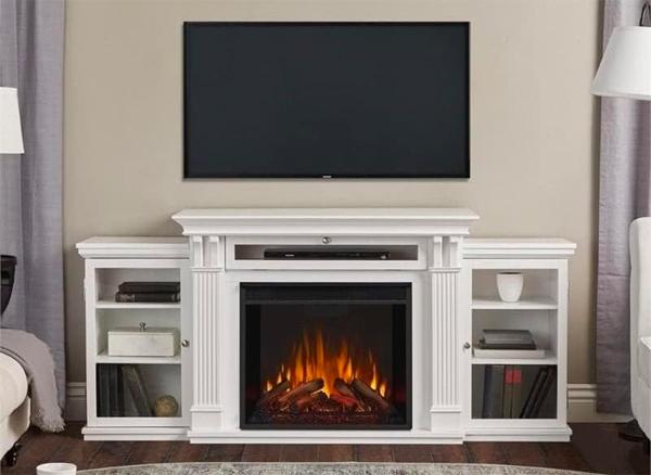 White Infrared Fireplace with Bookcases - Can Heat More Space with Same Amount of Energy VS Blower Fan