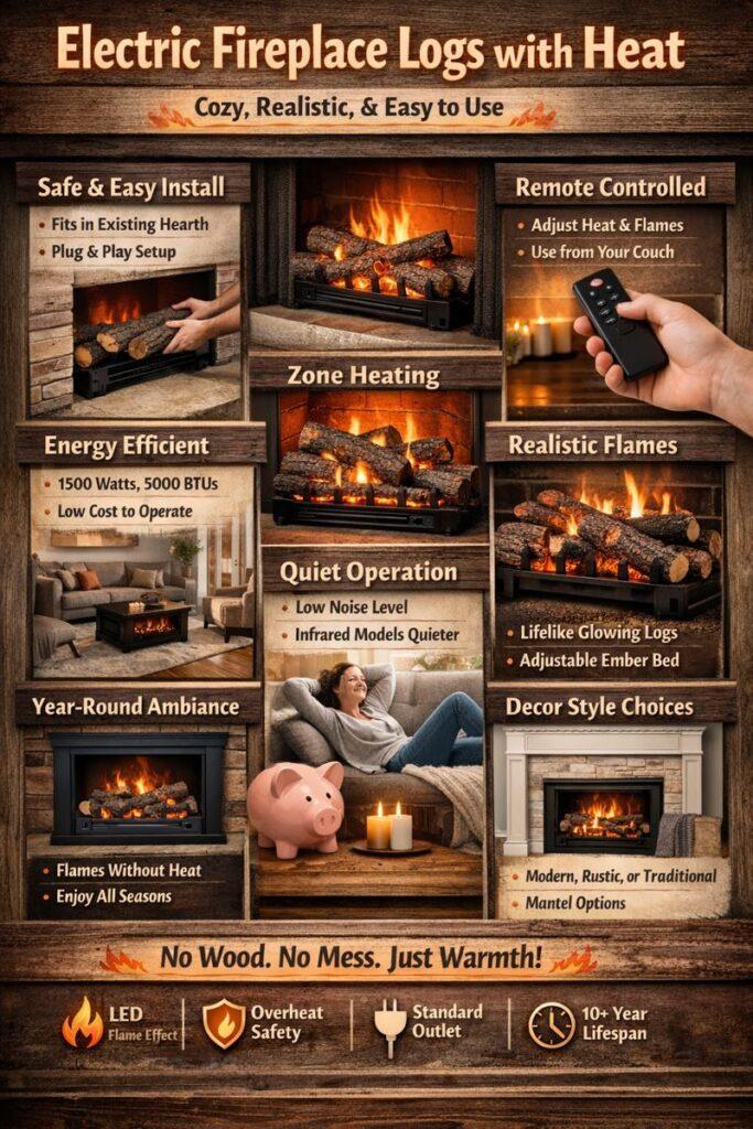Infographic - Electric Fireplace Logs with Heat, Benefits and Features