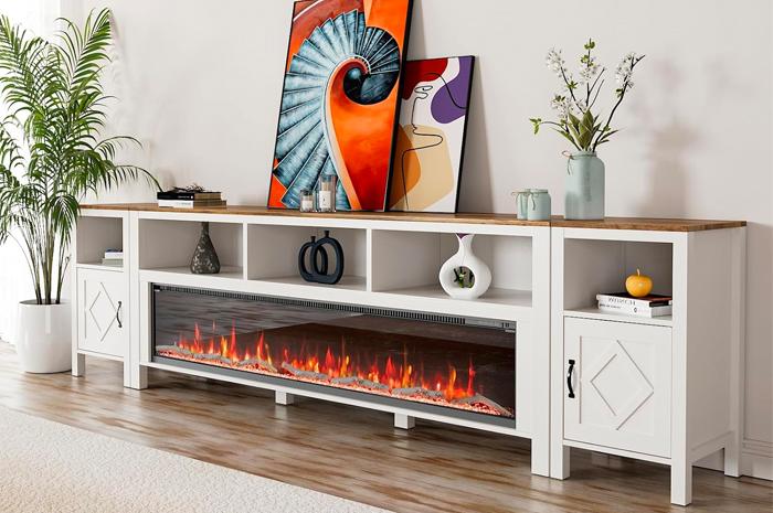 Long LED Fireplace in Cabinet with End Tables for Extra Storage