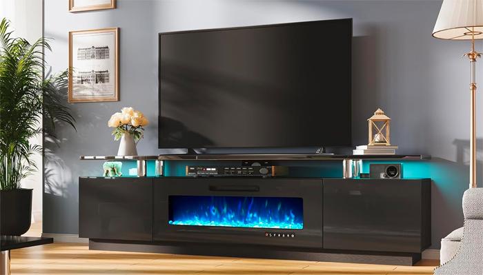 Extra Long Fireplace in TV Console with Light-Up Shelves