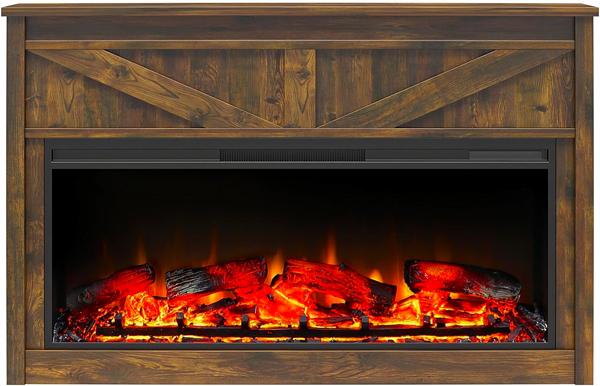 Modern Farmhouse Fake Fireplace with Rustic Weathers Wood Mantel, realistic Flames and Glowing Logs and Ember Bed