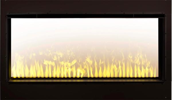 Realistic Optimyst Water Vapor Flames in See-Through Fireplace