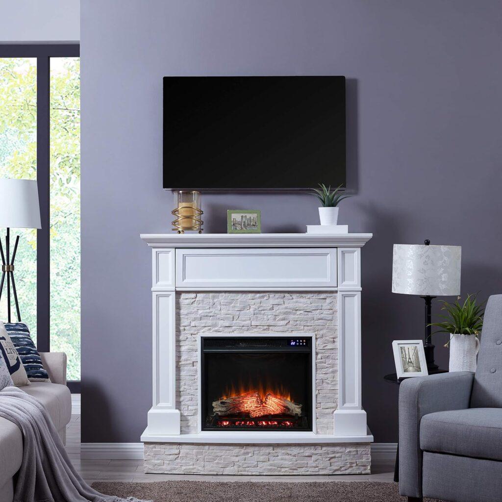SEI Stacked Stone Electric Fireplace with White Mantel