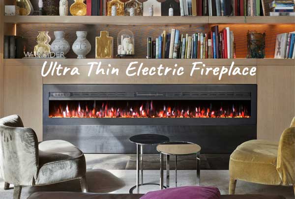 Ultra Thin Electric Fireplace Recessed into Wall Below Bookcase