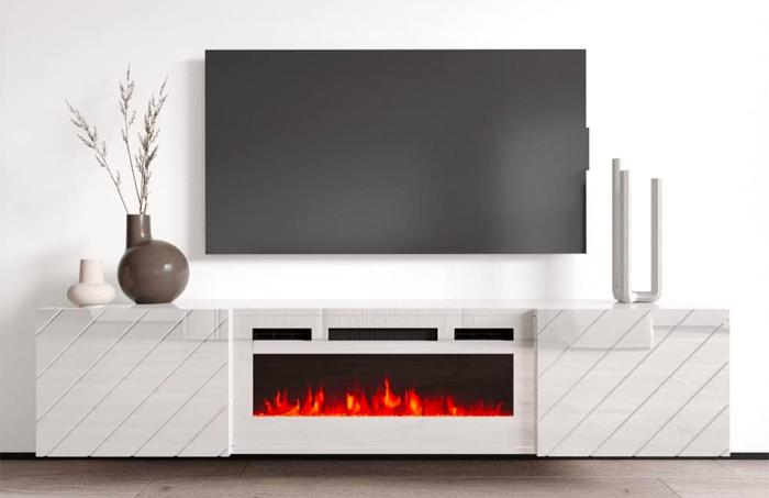 Modern White Floating Electric Fireplace TV Stand Can Heat a 400 Square Foot Room