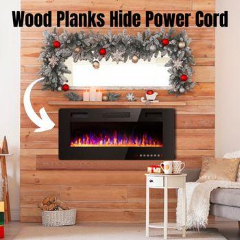 DIY Wood Plank Fireplace Mantel Hides Electric Fireplace Power Cord